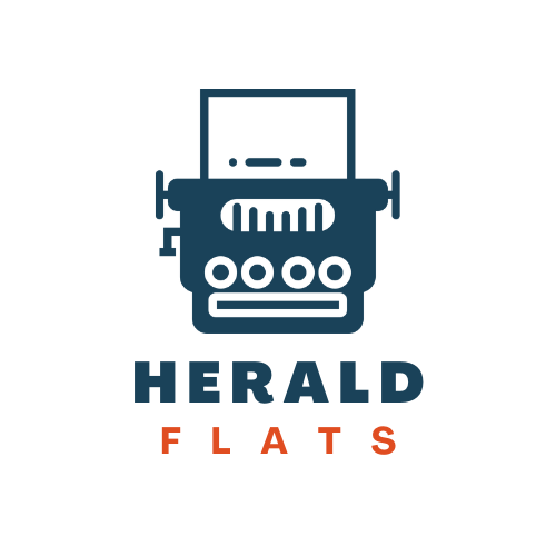 A blue and black logo for Herald Flats.